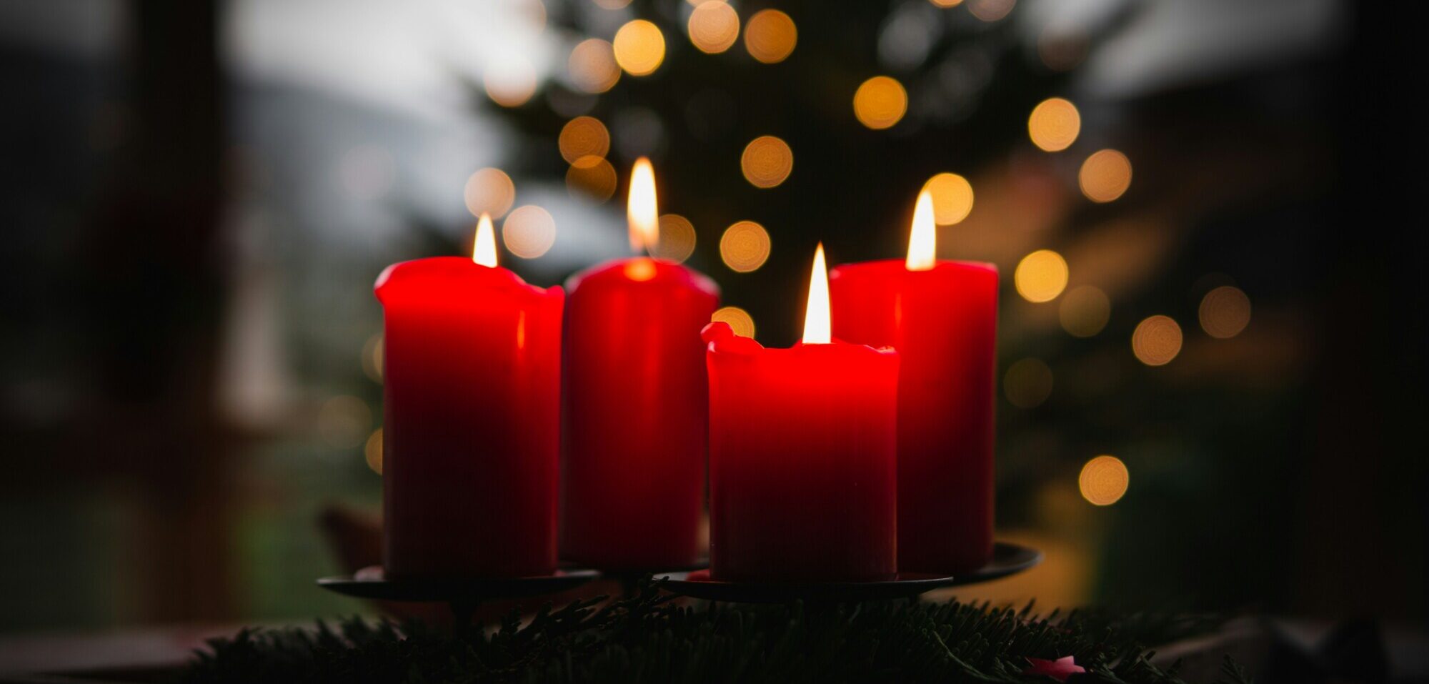 Es ist ein Adventskranz mit vier brennenden Kerzen zu sehen, welcher vor einem geschmückten Tannenbaum steht.