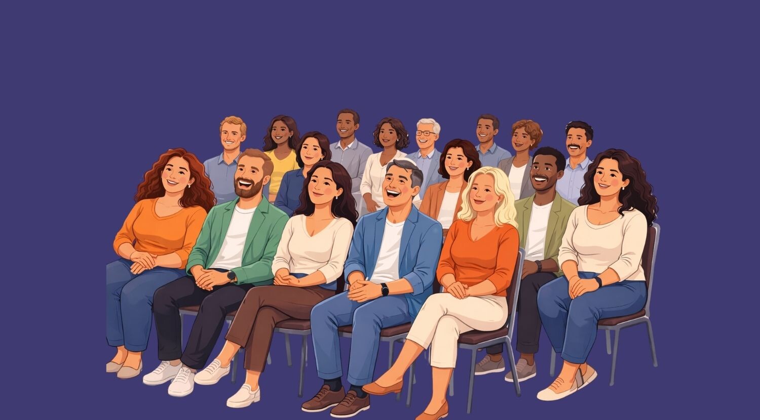 Illustration: Eine Gruppe lachende Personen im Publikum.