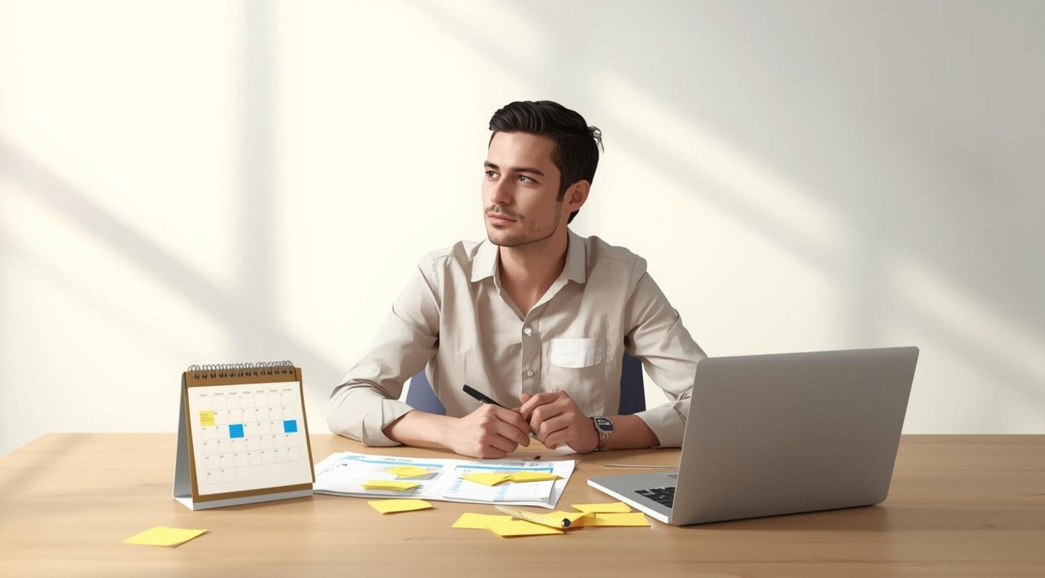 Ein junger Mann brütet vor einer Checkliste und hat viele Zettel und einen Kalender vor sich auf dem Schreibtisch. Das Bild dient der Bebilderung und hat keinen Informationsinhalt.