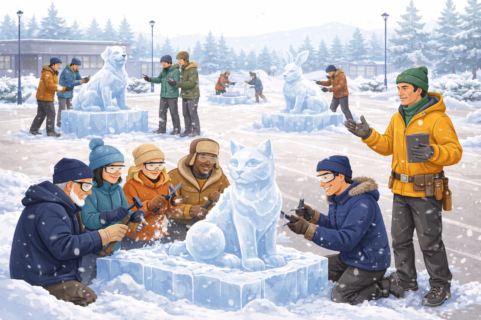 eine Gruppe schnitzt auf einem Parkplatz Eiskulpturen