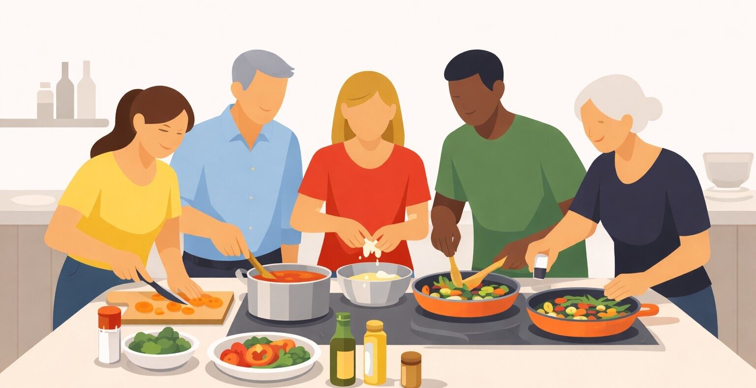 Fünf abstrakt dargestellte Personen stehen gemeinsam an einer Kochinsel mit integriertem Herd und bereiten zusammen ein Gericht zu. Eine Person schneidet Gemüse auf einem Brett, eine rührt in einem Topf, eine gibt Zutaten in eine Schüssel, zwei weitere braten Gemüse in Pfannen. Auf der Arbeitsfläche stehen Schalen mit frischen Zutaten sowie Öl- und Gewürzflaschen. Die Szene ist flächig und reduziert illustriert, mit klaren Formen und ohne ausgearbeitete Gesichtszüge.