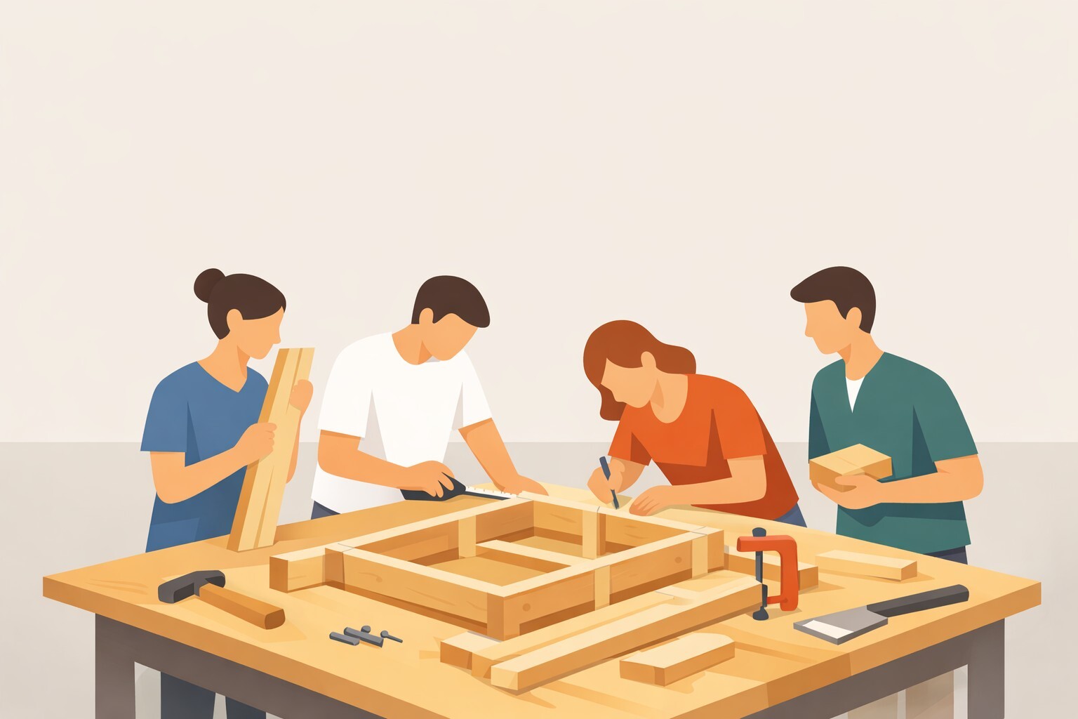 Vier Personen arbeiten gemeinsam an einer Werkbank an einer Holzkonstruktion und montieren einen Holzrahmen mit Werkzeugen in einer abstrahierten Werkstattszene.