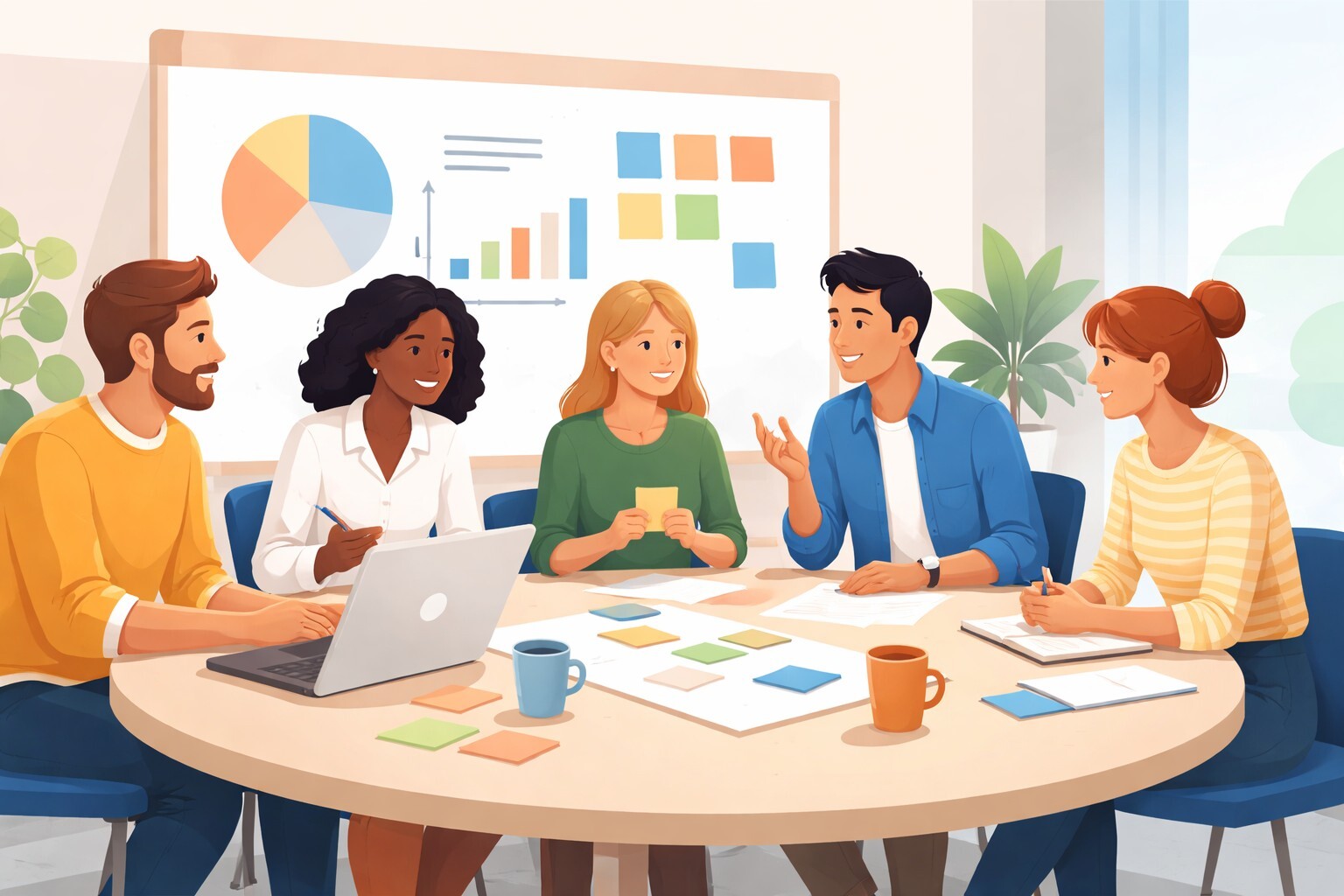 Team sitzt gemeinsam an einem Tisch im Meeting und diskutiert konstruktiv über Ideen und Aufgaben.