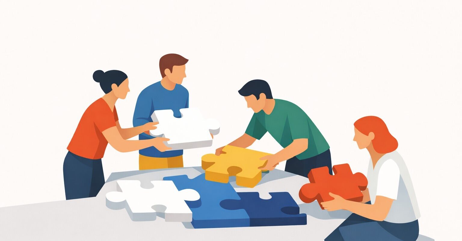 Abstrakte Illustration eines Teams, das gemeinsam grosse Puzzleteile zusammensetzt und miteinander austauscht – Symbol für Rollenwechsel, Zusammenarbeit und Empathie im Team.