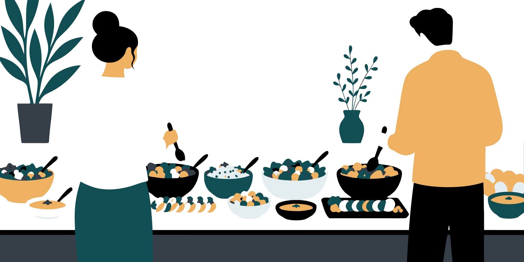 Illustration eines Buffets mit verschiedenen Speisen in Schüsseln und auf Platten. Zwei abstrahierte Personen sind von hinten zu sehen und bedienen sich mit Schöpfbesteck.