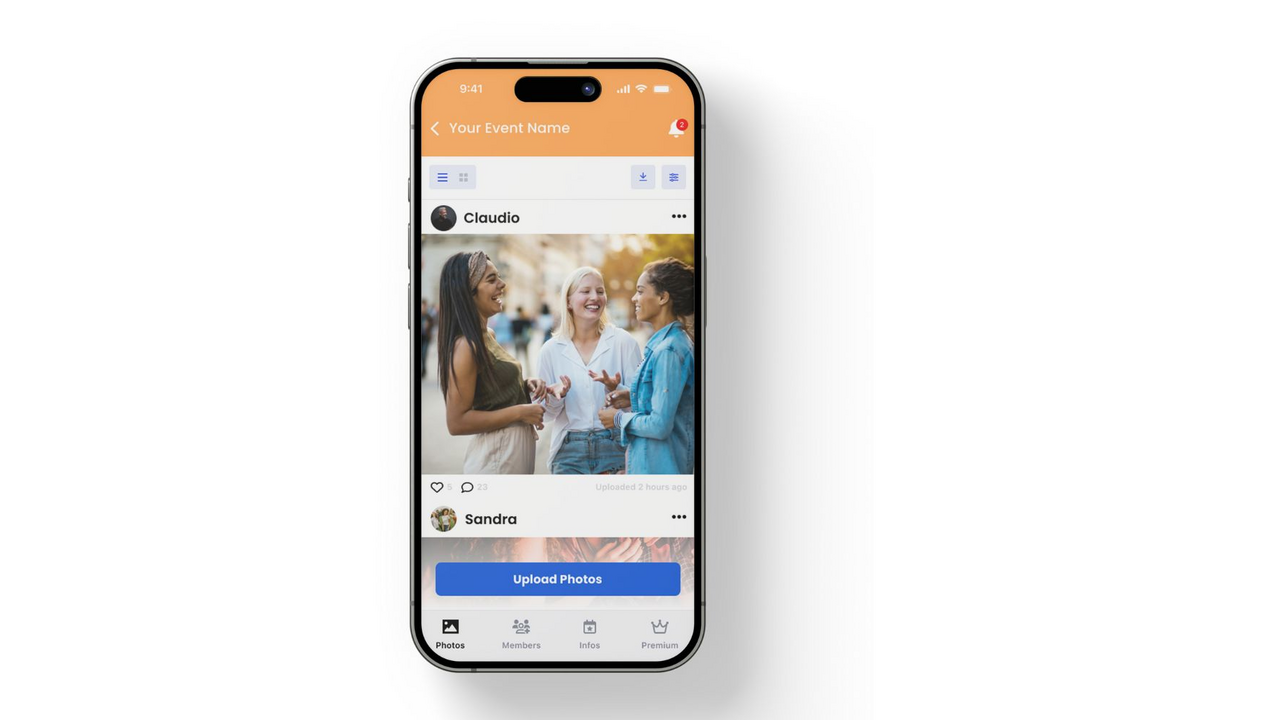 Die Foto-App personalisiert für Euren Team-Event Die personalisierte Foto App ermöglicht es jedem an einem Event authentische Fotos und Videos sammeln, an die man sich lange zurückerinnert. Mit privatem Einladungslink gibst du deinen Gästen Zugang zum Event-Album um Fotos und Videos von eurem Event zu teilen. Ausserdem kannst du mit der App mühelos mit den Teilnehmenden interagieren und dank detaillierten Veranstaltungsplan bleiben deine Gäste auf dem Laufenden. Gestalte die App nach deinen Bedürfnissen mit deinen Farben und personalisierten Funktionen.