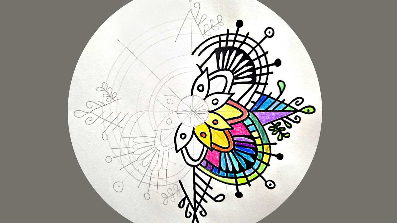 Mit Zirkel, Lineal und freien Formen kreiert ihr eure eigenen Mandalas auf rundem Papier. Bei ruhiger Musik werden sie bunt ausgemalt.