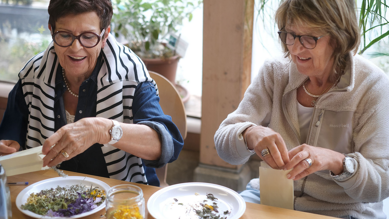Hoch über dem Brienzersee, eingebettet in eine einzigartige Permakulturlandschaft, erwartet Sie ein duftendes und geschmackvolles Erlebnis: Unser Kräuter-Tee-Workshop führt auf einer sinnlichen Entdeckungsreise durch die Vielfalt unserer Bergkräuter – vom aromatischen Klassiker bis zur überraschenden Rarität. Ab dem ersten Schritt in den Kräuterterrassen umhüllt Sie der betörende Duft von Muskatellersalbei, Melisse, Bergbohnenkraut und vielen weiteren Pflanzen. Hier gedeihen unzählige Kräuter in reiner Bergluft, von Hand gepflegt und geerntet. Die Höhenlage und die intensive Sonneneinstrahlung lassen besonders aromatische und wirkstoffreiche Pflanzen entstehen.